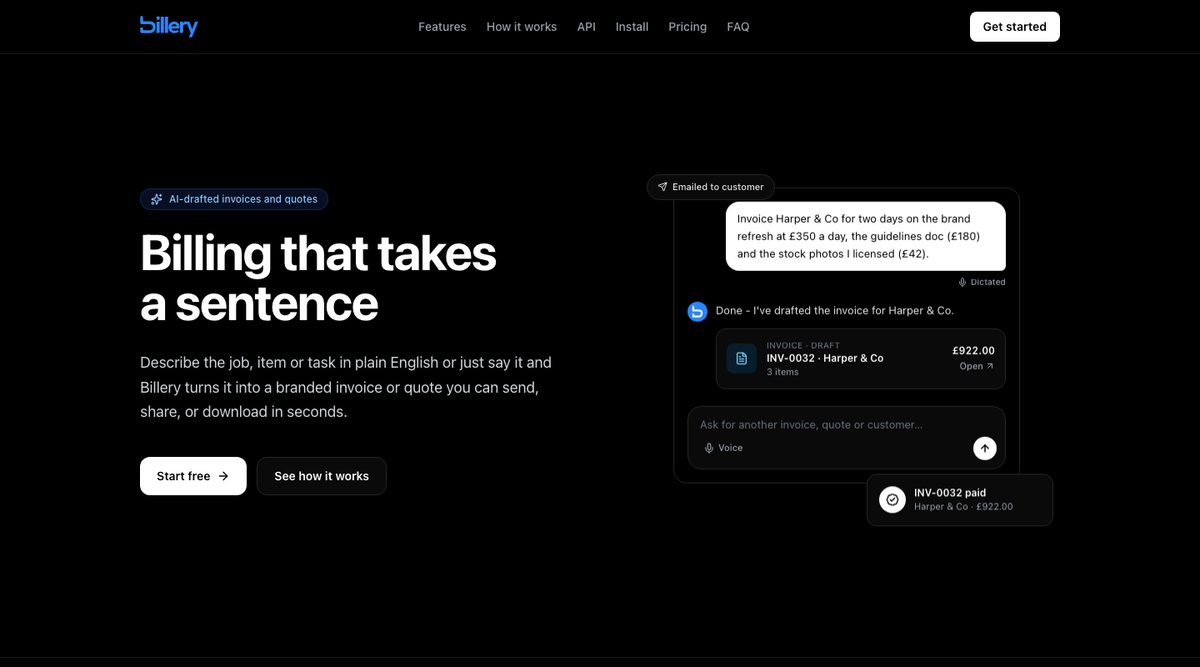 Billery landing hero: Billing that takes a sentence