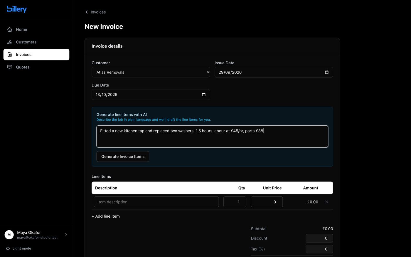 Billery new invoice form with Generate line items with AI panel