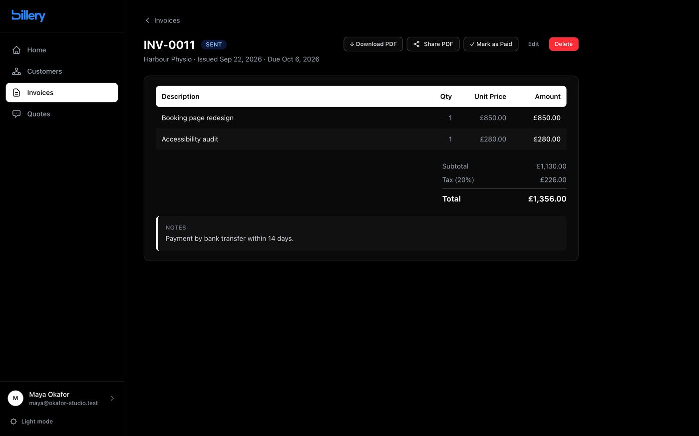Billery invoice detail with Download PDF, Share PDF, Mark as Paid, Edit and Delete