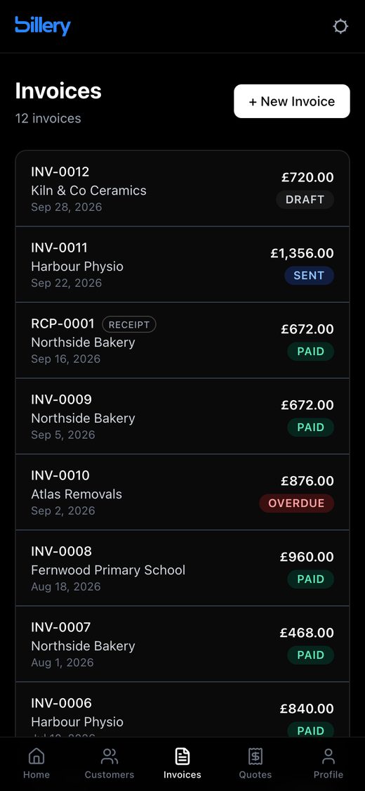 Billery invoices as cards on a phone