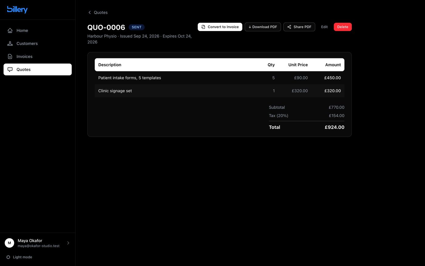 Billery quote detail with Convert to Invoice button
