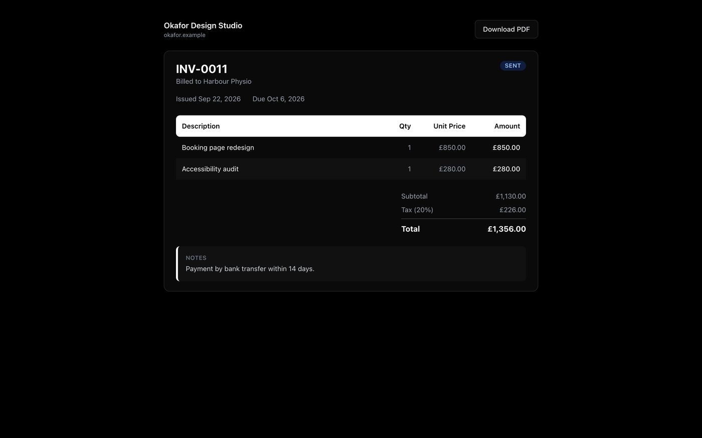 Billery public invoice page as the customer sees it