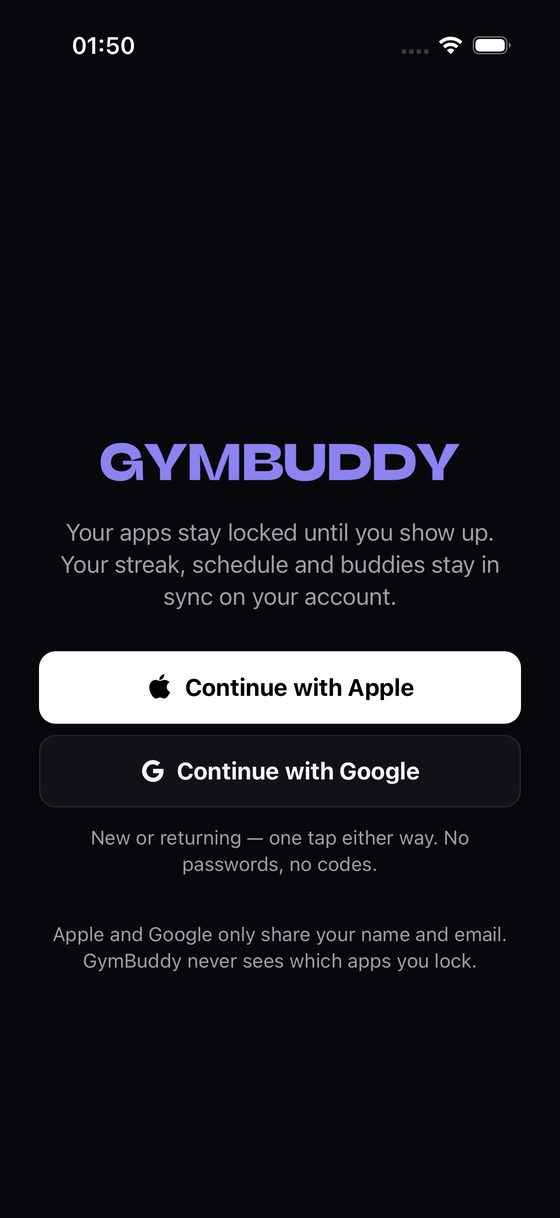 GymBuddy sign-in screen with Apple and Google buttons