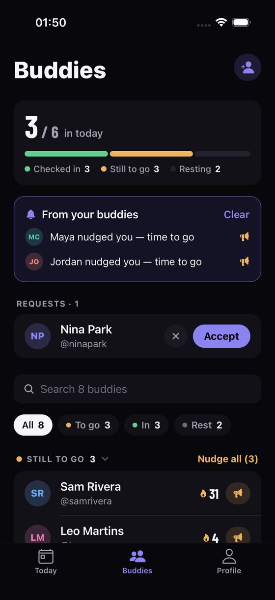 GymBuddy Buddies screen with check-in summary, nudges and requests