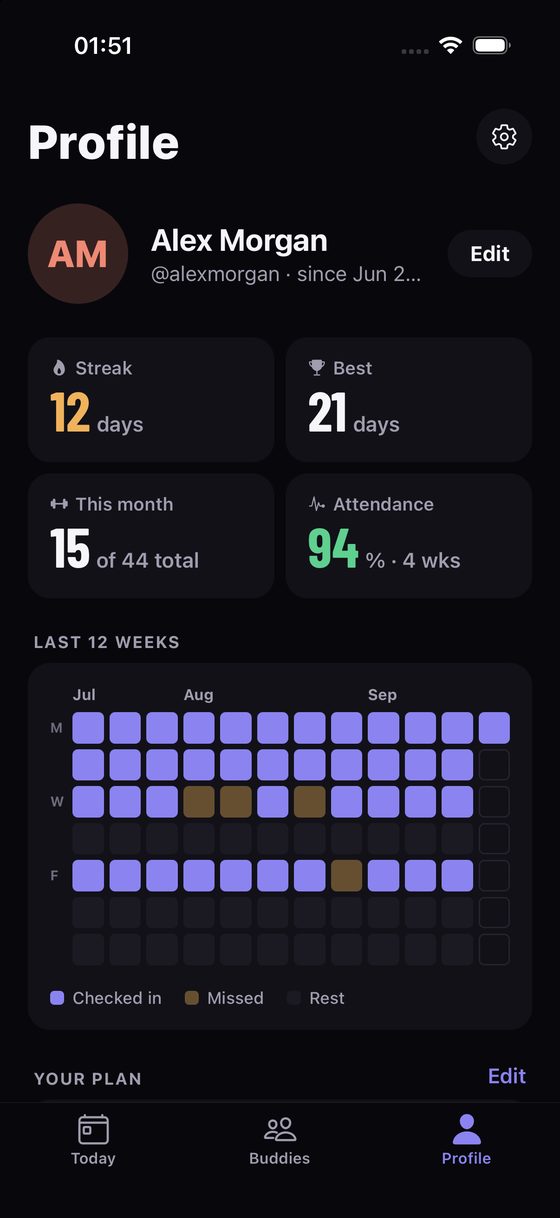 GymBuddy Profile with streak tiles and a 12-week consistency grid