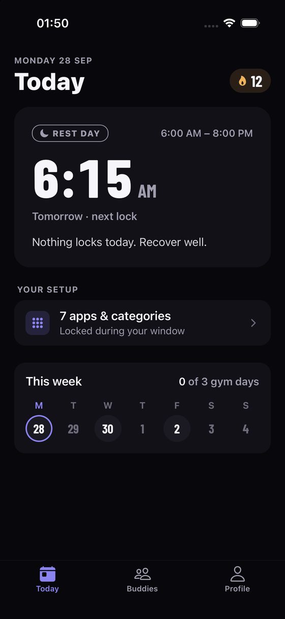 GymBuddy Today screen on a rest day